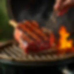 A perfectly grilled Tomahawk steak being cooked on a Weber kettle grill with smoke rising and grill marks visible