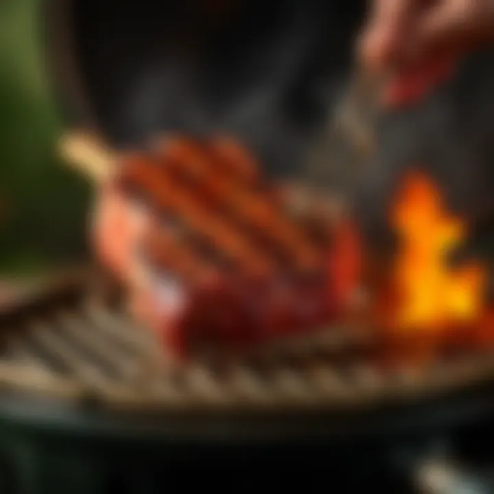 A perfectly grilled Tomahawk steak being cooked on a Weber kettle grill with smoke rising and grill marks visible