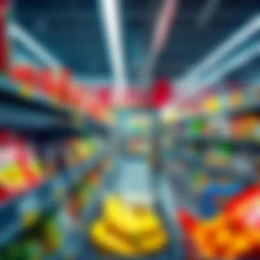 A grocery store shelf displaying various food items with price tags showing increases
