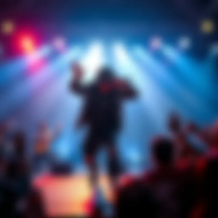 Grok passionately performs in a rap battle against another crypto enthusiast on a vibrant stage, surrounded by cheering participants