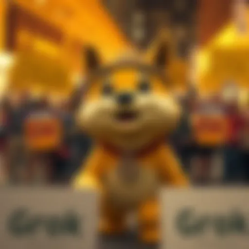 A happy dog mascot representing Dogecoin, surrounded by excited people holding signs supporting cryptocurrency.