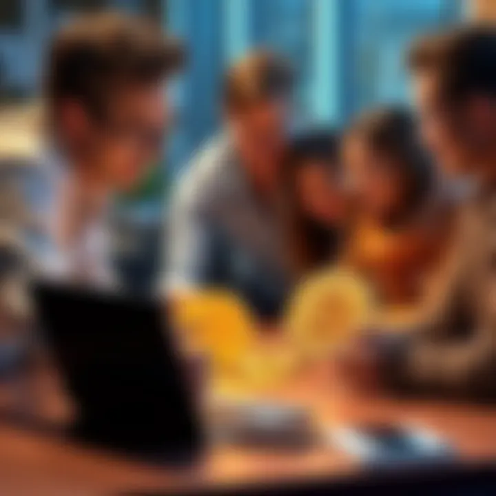 A diverse group of people collaborating around a table with Bitcoin graphics on a laptop, representing the shared control of Bitcoin.