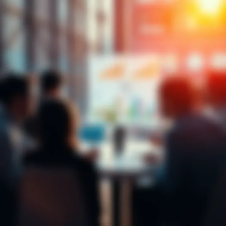 People gathered around a table discussing Year-To-Date ROI percentages with charts and graphs