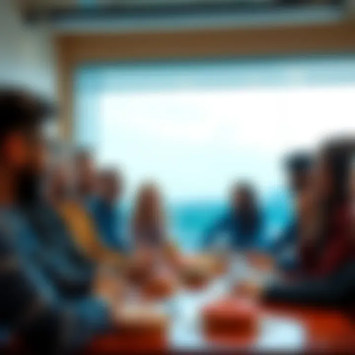 A diverse group of people sitting around a table, engaged in a lively discussion about various topics including donuts, with smiles and laughter.