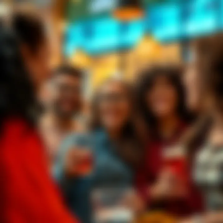 A diverse group of friends laughing and enjoying each other's company in a lively setting, showcasing the joy and connection brought by humor.