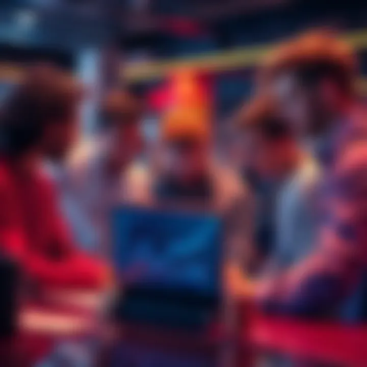 A group of friends discussing ETH pooling for staking while looking at charts on a laptop