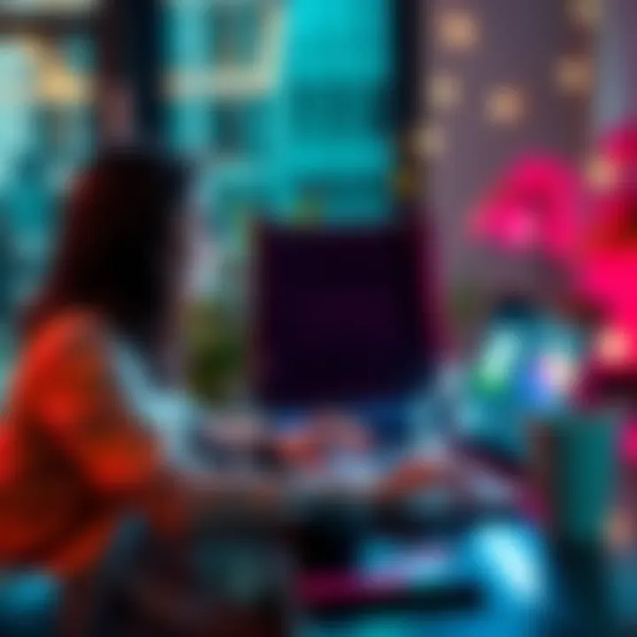 A professional working on a laptop with marketing graphics on the screen, representing a remote job in growth marketing for SimplePractice.