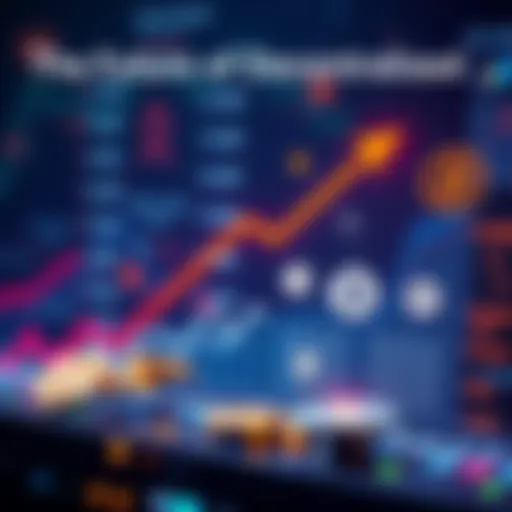 Graph showing the growth potential of decentralized finance with icons of stablecoins and regulatory symbols