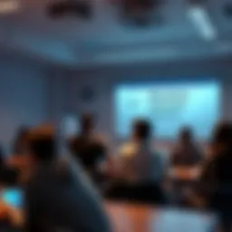 A group of people in a classroom setting learning about blockchain and DeFi concepts with a whiteboard and digital devices.