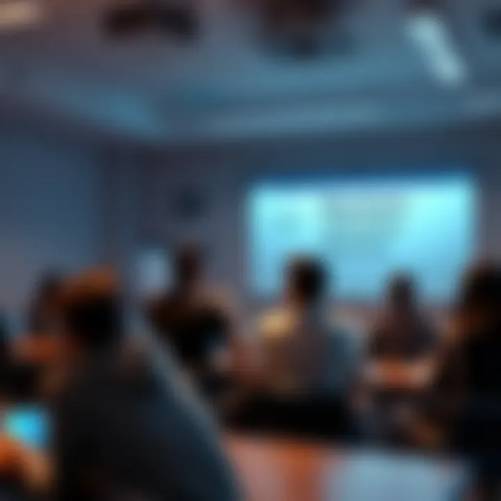 A group of people in a classroom setting learning about blockchain and DeFi concepts with a whiteboard and digital devices.