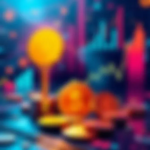 Illustration showing GSOL staking rewards impacting Solana price, with graphs and coins representing value changes