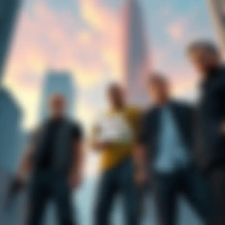 GTA V Game Characters Three main characters from Grand Theft Auto V standing in an urban setting with skyscrapers in the background.