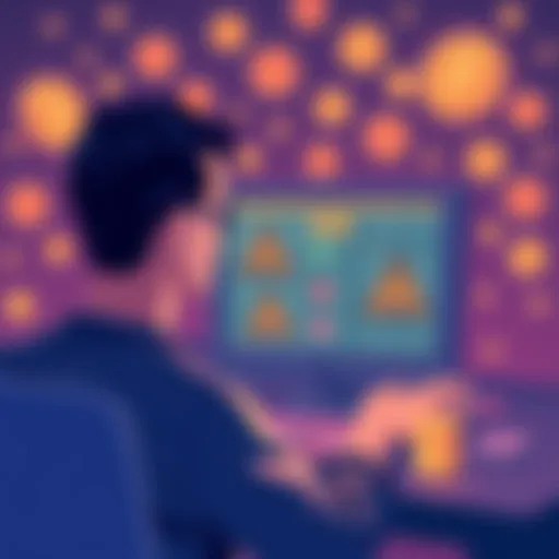 Illustration showing a person looking at a computer screen with warning signs related to scams, surrounded by tokens and coins, symbolizing awareness in token launching.