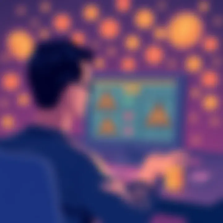 Illustration showing a person looking at a computer screen with warning signs related to scams, surrounded by tokens and coins, symbolizing awareness in token launching.