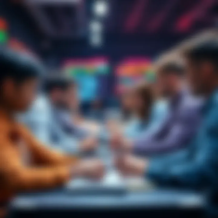 A group of professionals judging hackathon participants working on data-related projects