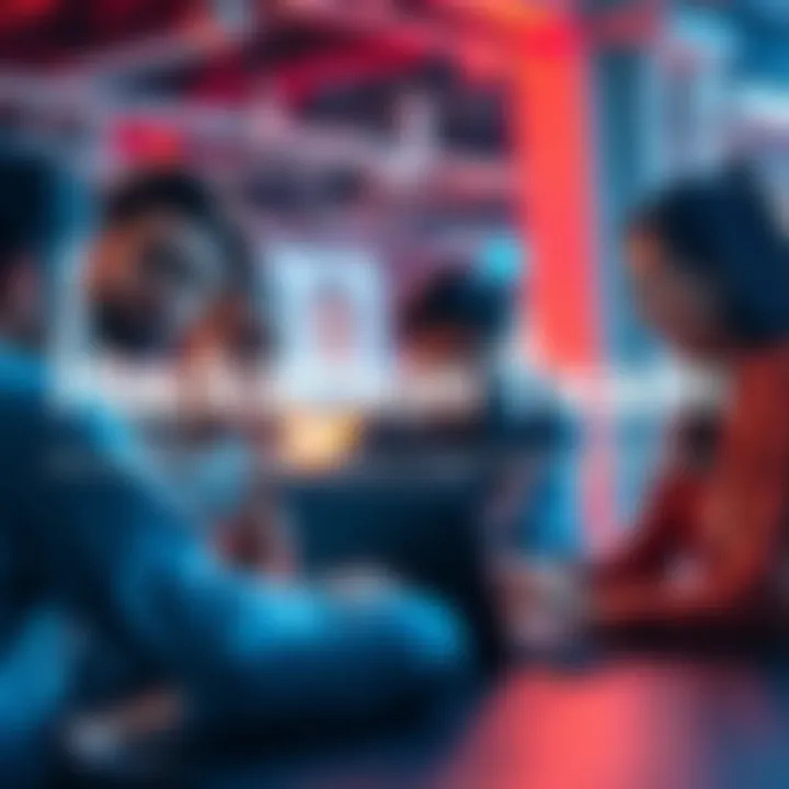 A group of diverse individuals brainstorming and working together on laptops at a hackathon event.