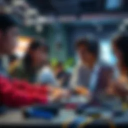 A group of college students collaborating at a hackathon in Asia, working on laptops and discussing ideas.