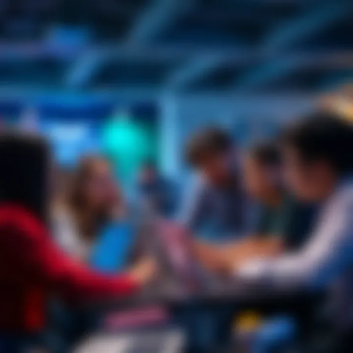 A group of students engaged in a mentorship session, discussing projects and ideas with a mentor, surrounded by laptops and notes.