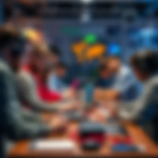 People collaborating at a hackathon table, brainstorming ideas for agentic technology solutions.