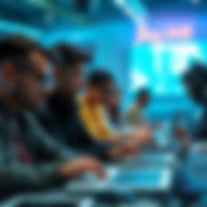 A group of people working together on laptops at the Build Story Hackathon 2026, sharing ideas and discussing technology.