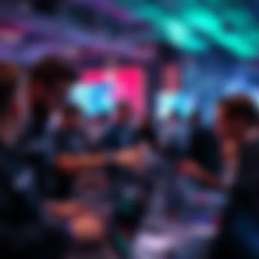 A group of people working together on laptops at a hackathon event, discussing ideas and sharing screens.