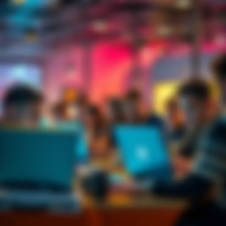 A diverse group of people working together on laptops at a hackathon, brainstorming ideas and coding