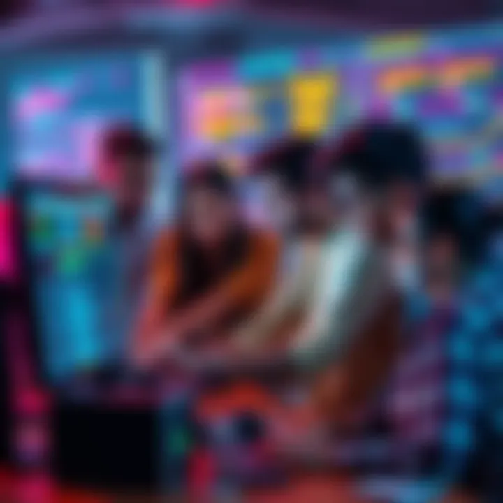 A diverse group of people collaborating on a computer with code and data visualizations in the background for a hackathon.