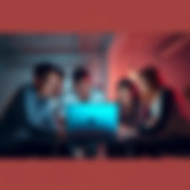 A group of diverse people brainstorming ideas around a laptop during a hackathon meeting