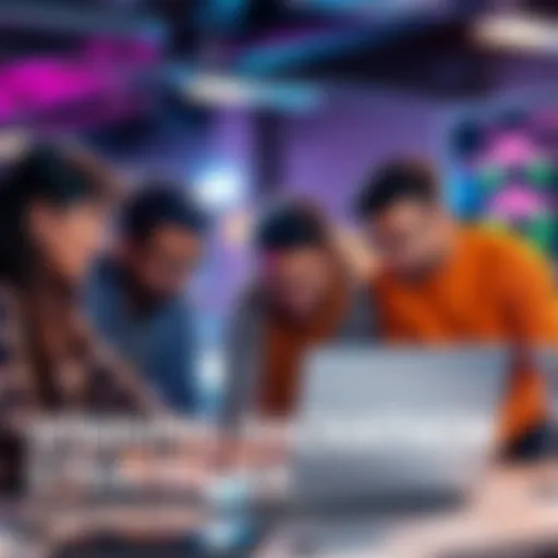 A diverse team of people working together on a laptop during a hackathon, discussing ideas and coding.