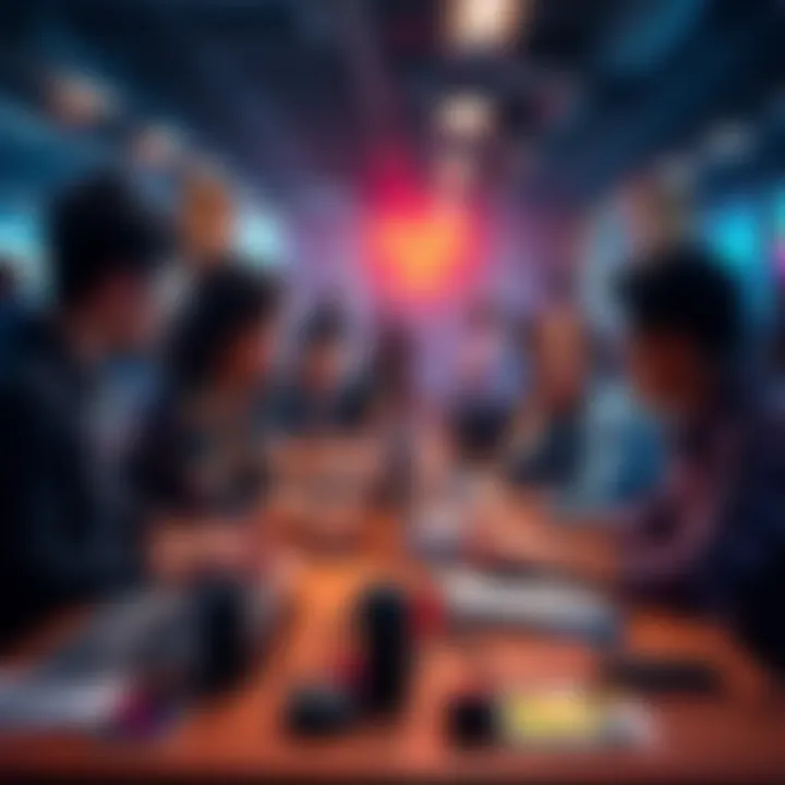 A diverse group of people discussing a project during a hackathon, with laptops and brainstorming materials around them.