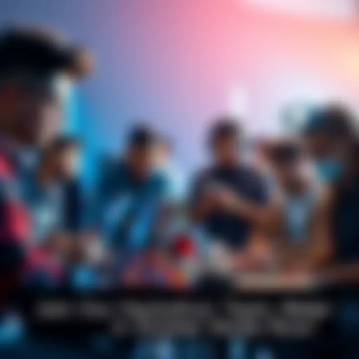 A diverse group of individuals working together on laptops at a hackathon event, brainstorming and coding in a collaborative environment.