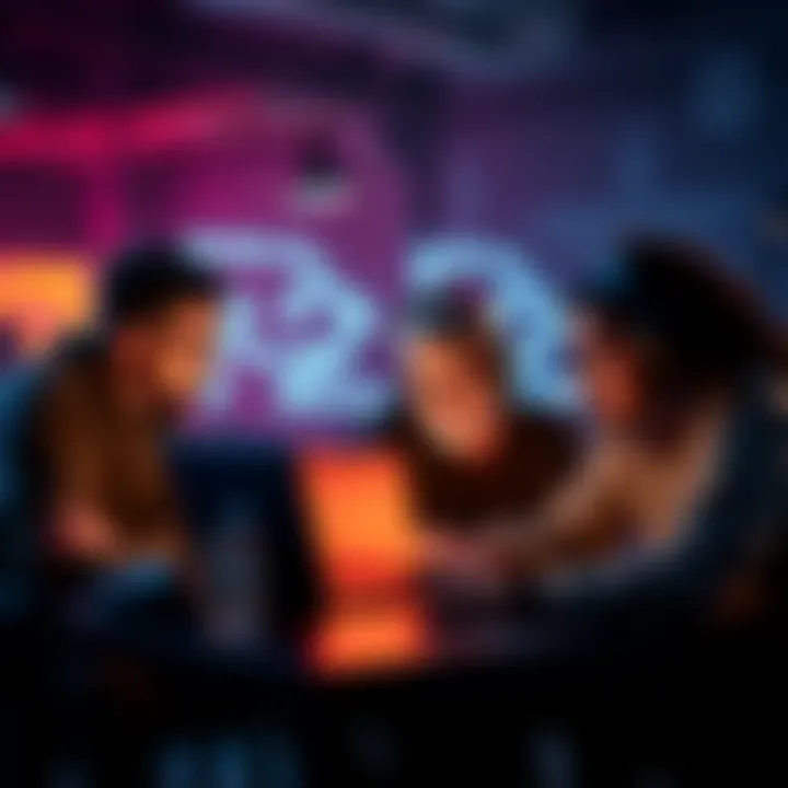 A group of four diverse hackers collaborating on a laptop during an online hackathon, sharing ideas and brainstorming.