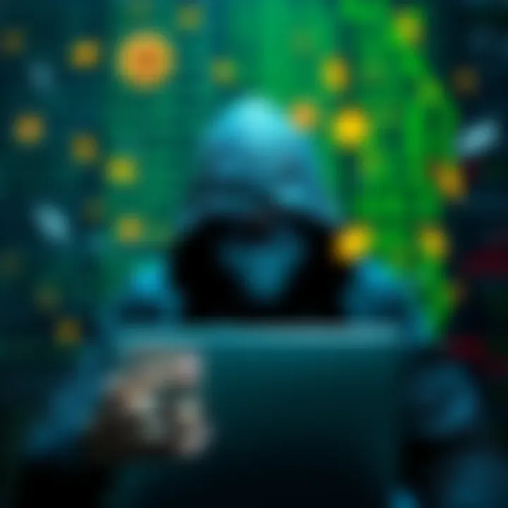 A hacker surrounded by digital code and cryptocurrency symbols, appearing overwhelmed by their own decisions while leaving a trail of clues behind.