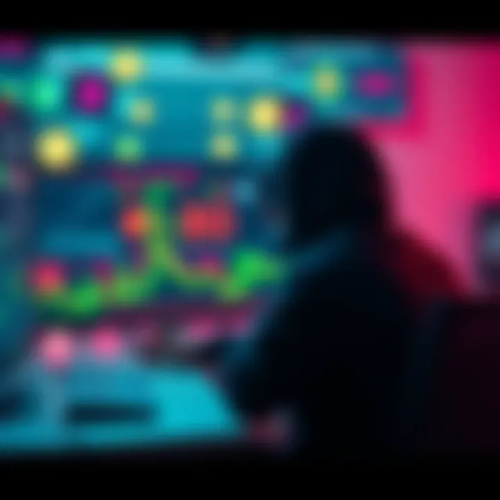 A hacker at a computer screen illustrating the theft of $80 million in fake USR stablecoins, with digital currency symbols in the background.