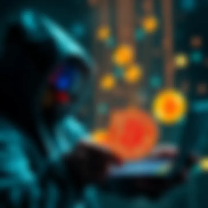 Hacker Distributing Bitcoin A hacker sending tainted Bitcoin to multiple digital wallets, illustrating the chaos in cryptocurrency.