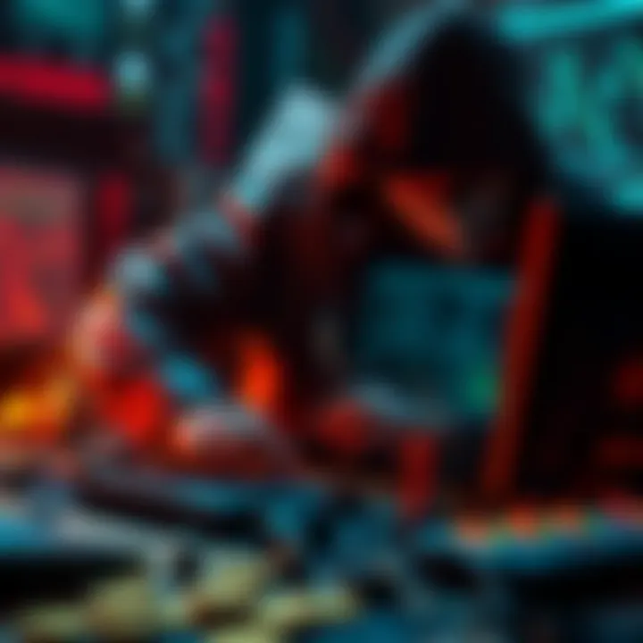 A hacker at a computer mixing stolen bitcoin to hide its origins