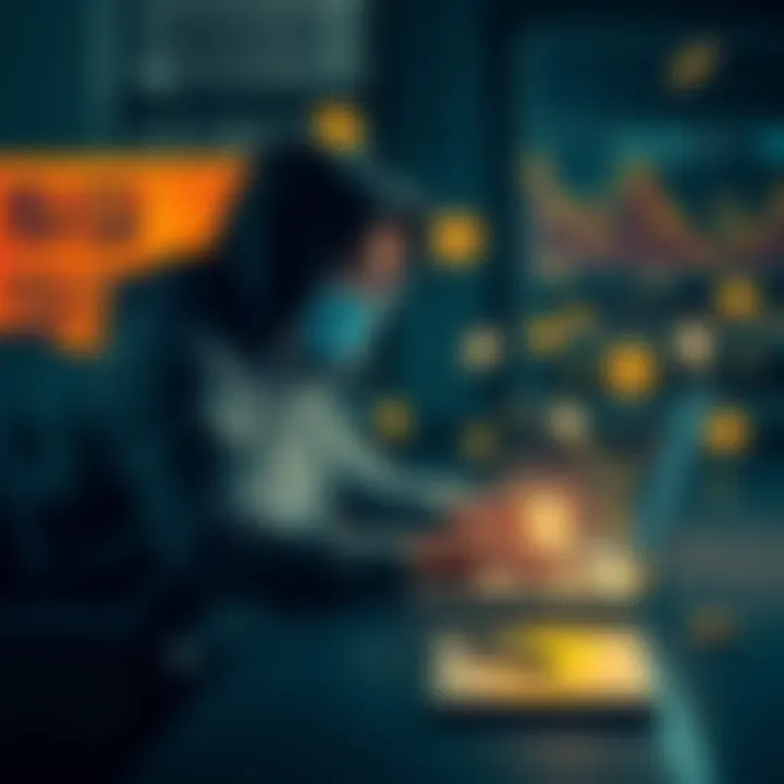 Person hacking a cryptocurrency wallet A person sitting at a desk, using a laptop to illegally access a cryptocurrency wallet, with financial symbols floating around