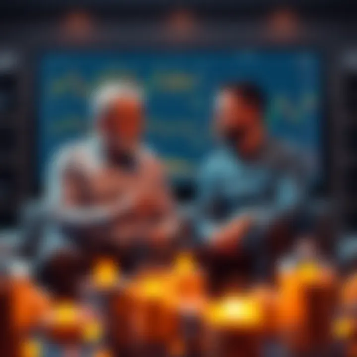 Hal and Len sitting together, discussing Bitcoin in a casual setting, with charts and graphs on a screen behind them.