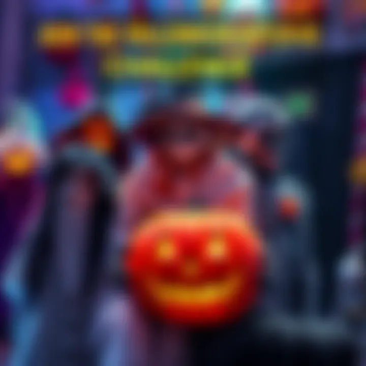 A colorful display of various Halloween costumes, including a ghost, witch, and pumpkin, inviting people to join the BitMart challenge.
