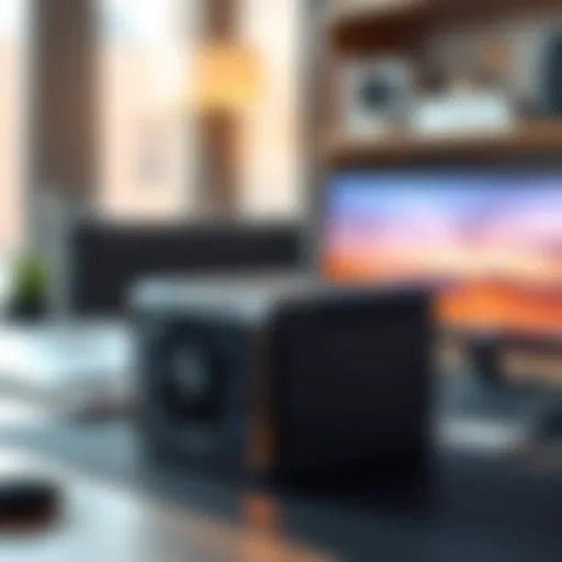 A compact Hammer Miner BC04 Bitcoin mining device sitting on a desk in a cozy home environment, showcasing its sleek design and quiet operation.
