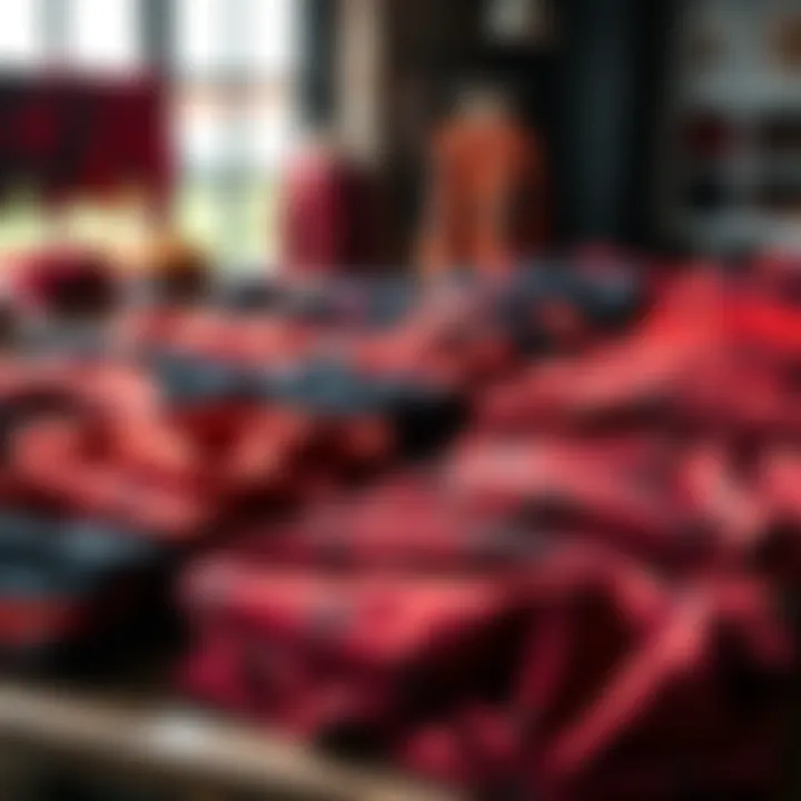 Hand Dyed Fabrics Display A variety of red and black molted hand dyed fabrics neatly arranged on a table