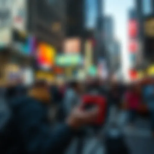 A person using a handheld NFT minting machine made with Raspberry Pi in a busy NYC street, surrounded by curious onlookers.