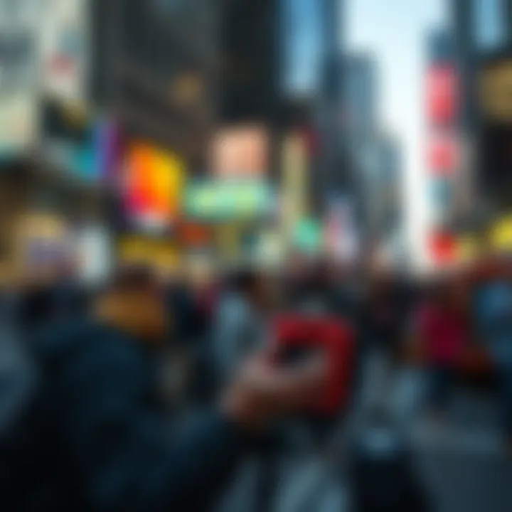 A person using a handheld NFT minting machine made with Raspberry Pi in a busy NYC street, surrounded by curious onlookers.