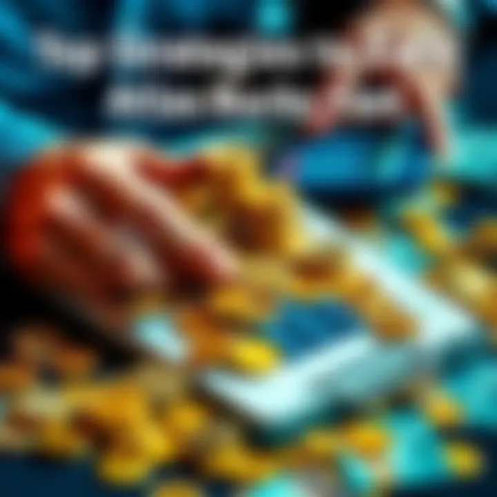 A person counting Atlas Bucks with a calculator and a notepad, surrounded by coins and cash, symbolizing money management and earning strategies.