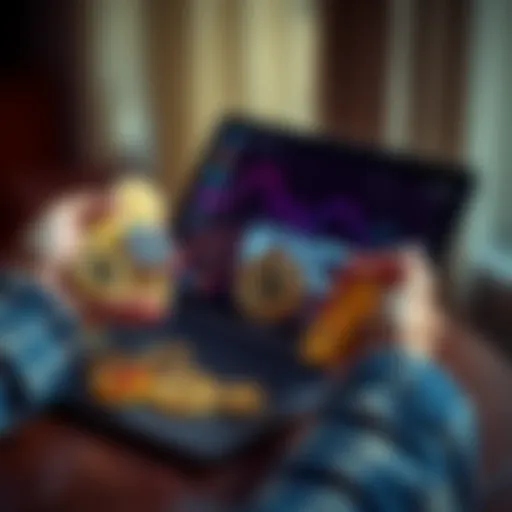 A person holding various cryptocurrency coins with a laptop displaying a non-KYC wallet on the table