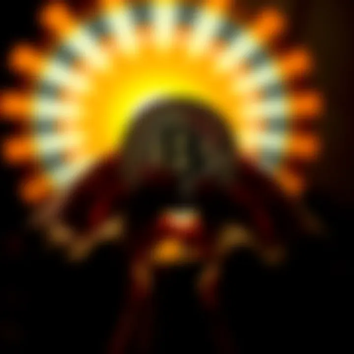 A pair of hands holding a Bitcoin in front of a bright background, symbolizing financial gratitude and opportunity in cryptocurrency trading.