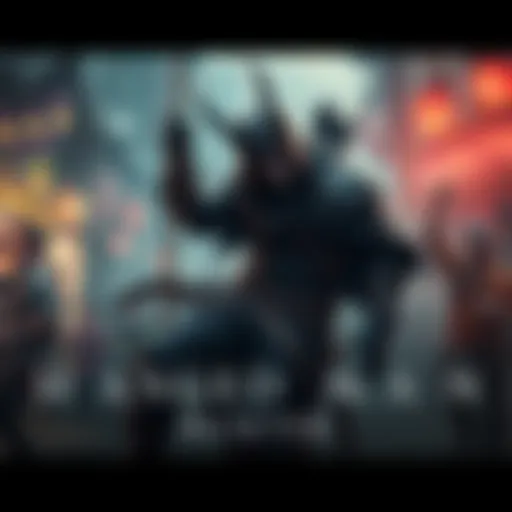 A digital artwork showing the Hanged Man legendary hunter character with a dark, mysterious vibe, surrounded by a gaming scene with eager fans.