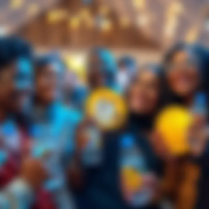 A group of diverse people smiling and sharing laughter, holding Dogecoin symbols and water bottles, promoting kindness and positivity in their community.