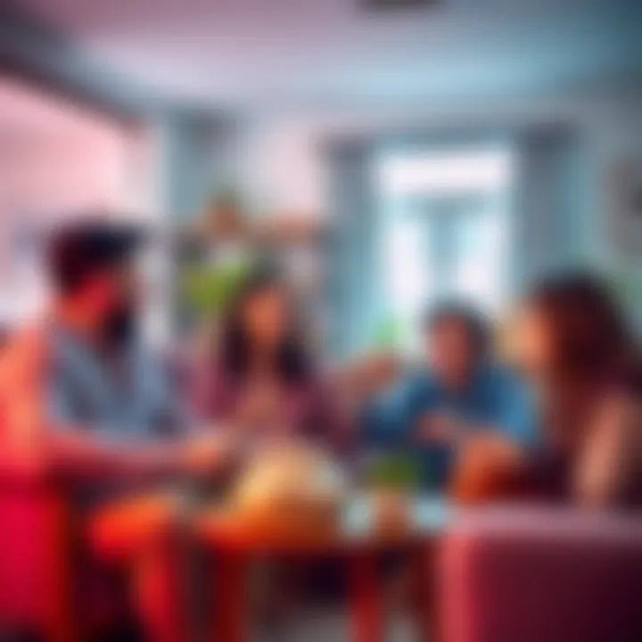 A group of friends joyfully sharing their financial success without cryptocurrency, celebrating their wealth gains in a cozy living room.