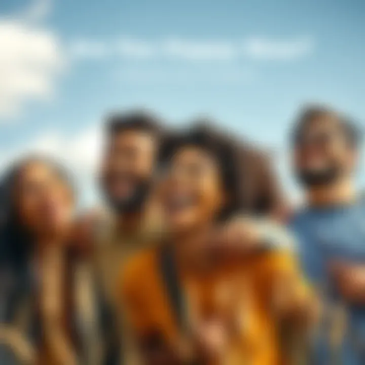 A group of diverse people enjoying a sunny day outdoors, smiling and sharing positive emotions.